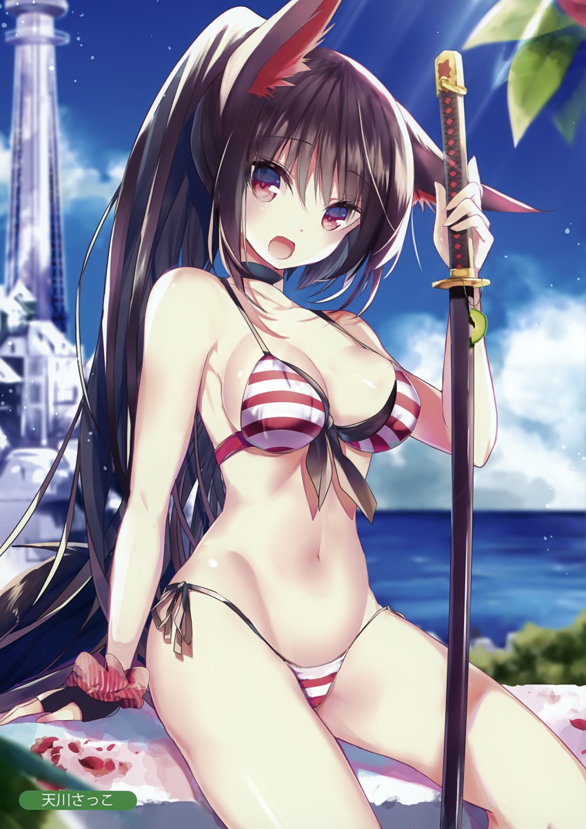 1girl :d absurdres animal_ears arm_at_side artist_name bangs bare_arms bare_shoulders bikini black_choker black_gloves blush breasts brown_hair bush choker cleavage collarbone eyebrows_visible_through_hair fingerless_gloves gloves groin hair_between_eyes hand_up highres holding holding_sword holding_weapon katana large_breasts leaf light_rays lighthouse long_fingers long_hair looking_at_viewer melonbooks midriff navel nekoboshi_sakko ocean open_mouth original ponytail red_eyes scan scrunchie short_shorts shorts side-tie_bikini sidelocks single_glove sitting smile solo stomach strap_slip striped striped_bikini swimsuit sword tail unsheathed very_long_hair water weapon wolf_ears wolf_tail wrist_scrunchie