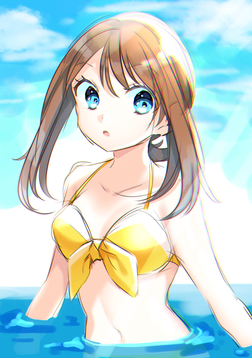 1girl absurdres blue_eyes bow breasts brown_hair collarbone creatures_(company) day eyebrows_visible_through_hair game_freak haruka_(pokemon) highres long_hair navel nintendo open_mouth outdoors partially_submerged pokemon pokemon_(game) pokemon_rse sketch small_breasts solo sunlight upper_body yellow_bikini_top yellow_bow yuihiko