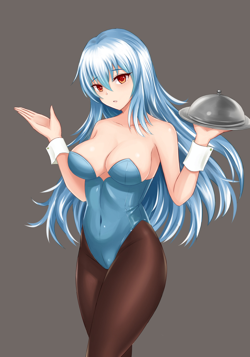 1girl absurdres alternate_costume bangs bare_arms bare_shoulders blue_hair blush breasts brown_legwear cleavage collarbone commentary_request covered_navel cowboy_shot eyebrows_visible_through_hair grey_background hair_between_eyes hands_up head_tilt highres holding holding_plate kamishirasawa_keine large_breasts leotard long_hair looking_at_viewer no_hat no_headwear pantyhose parted_lips plate playboy_bunny_leotard red_eyes revision shiny shiny_skin simple_background solo standing thighs touhou wrist_cuffs wuwusan