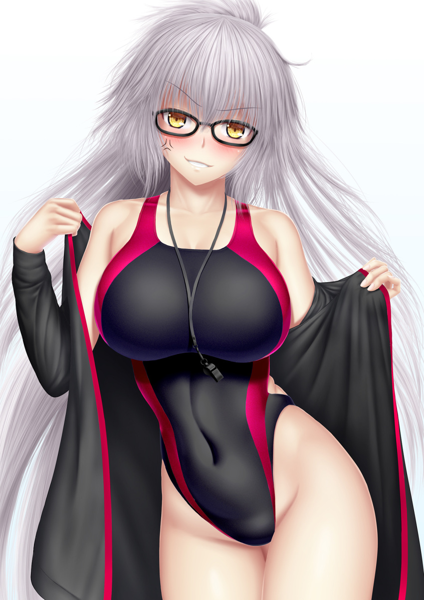 1girl anger_vein bespectacled black-framed_eyewear black_jacket black_swimsuit blush breasts collarbone commentary_request competition_swimsuit cosplay covered_navel cowboy_shot fate/grand_order fate_(series) glasses head_tilt highleg highleg_swimsuit highres jacket jeanne_d'arc_(alter_swimsuit_berserker) jeanne_d'arc_(fate)_(all) jeanne_d'arc_(swimsuit_archer) jeanne_d'arc_(swimsuit_archer)_(cosplay) large_breasts long_hair looking_at_viewer one-piece_swimsuit removing_jacket silver_hair solo swimsuit track_jacket very_long_hair whistle whistle_around_neck yellow_eyes
