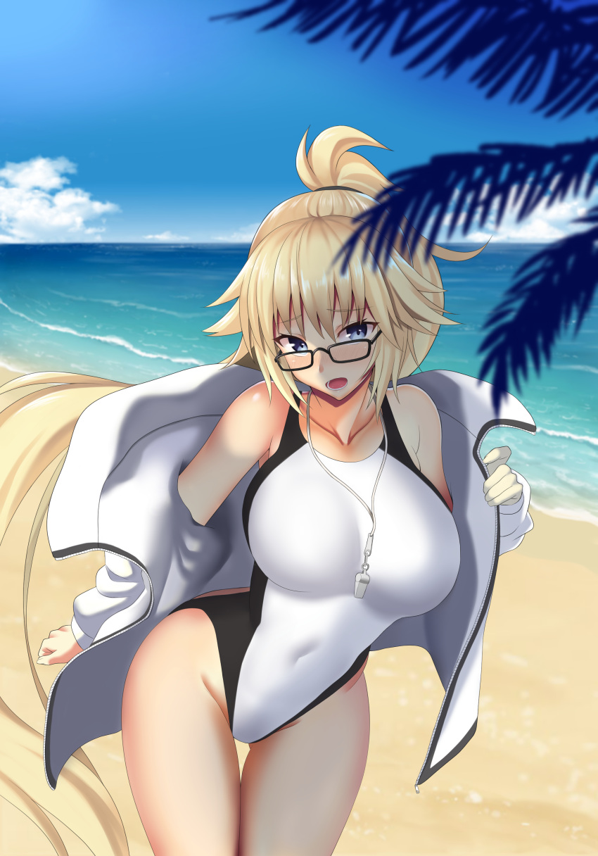 1girl :o absurdres beach bespectacled black-framed_eyewear blonde_hair blue_eyes blush breasts competition_swimsuit covered_navel fate/grand_order fate_(series) glasses highres jacket jeanne_d'arc_(fate)_(all) jeanne_d'arc_(swimsuit_archer) large_breasts long_hair looking_at_viewer nemurinemuri ocean one-piece_swimsuit open_clothes open_jacket open_mouth palm_tree ponytail rectangular_eyewear removing_jacket solo swimsuit swimsuit_under_clothes track_jacket tree very_long_hair whistle whistle_around_neck white_jacket white_swimsuit