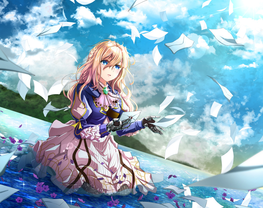 1girl blonde_hair blue_eyes blue_jacket blue_sky bouquetforangel braid brooch brown_gloves clouds commentary_request envelope field flower flower_field flying gloves hair_between_eyes hair_intakes hair_ribbon highres holding_letter jacket jewelry lens_flare letter mechanical_arms mechanical_hand mechanical_hands mountainous_horizon outdoors parted_lips prosthesis prosthetic_arm prosthetic_hand red_ribbon ribbon seiza shiny sitting skirt sky violet_(flower) violet_evergarden violet_evergarden_(character) water white_neckwear white_skirt