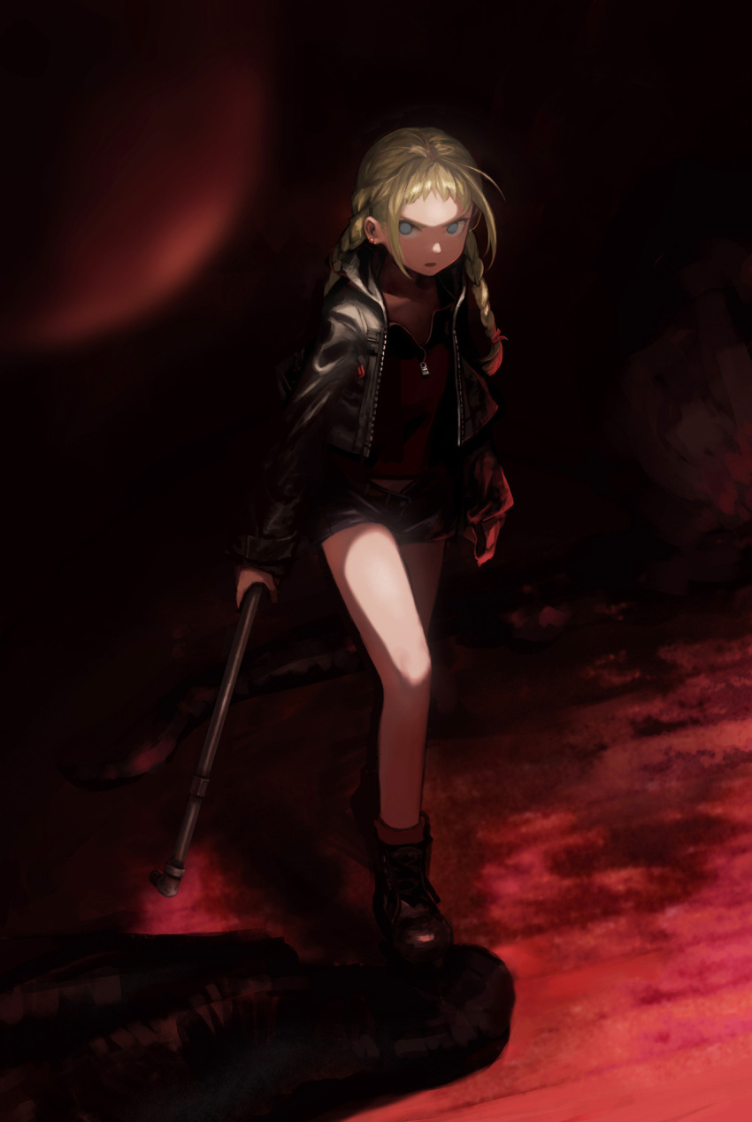 1girl blonde_hair blue_eyes boots braid combat_boots flat_chest forehead full_body highres holding holding_weapon jacket lead_pipe leather leather_jacket medium_hair original sara_manta shadow shorts solo twin_braids weapon