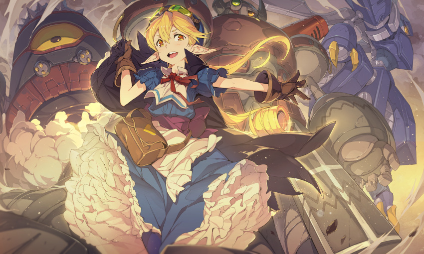 1girl apron bag black_cape blonde_hair blue_dress blue_hat brown_gloves cape curly_hair dress frills gloves goggles goggles_on_head hat highres long_hair looking_at_viewer marivel_armitage open_mouth orange_eyes pointy_ears robot smile smoke solo tarariko white_apron wild_arms wild_arms_2