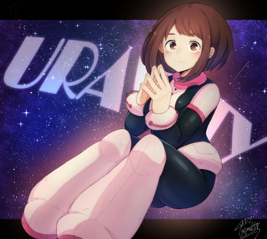 1girl artist_request blush bodysuit boku_no_hero_academia brown_eyes brown_hair character_name commentary_request dated fingers_together full_body highres looking_at_viewer short_hair signature smile solo space uraraka_ochako
