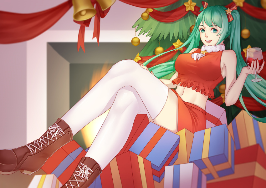 ang_(6107939) aqua_eyes aqua_hair bell boots breasts christmas christmas_ornaments christmas_tree cross-laced_footwear cup drinking_glass eyebrows_visible_through_hair fireplace gift hatsune_miku highres lace-up_boots large_breasts legs_crossed long_hair midriff nail_polish navel smile thigh-highs thighs twintails vocaloid wine_glass