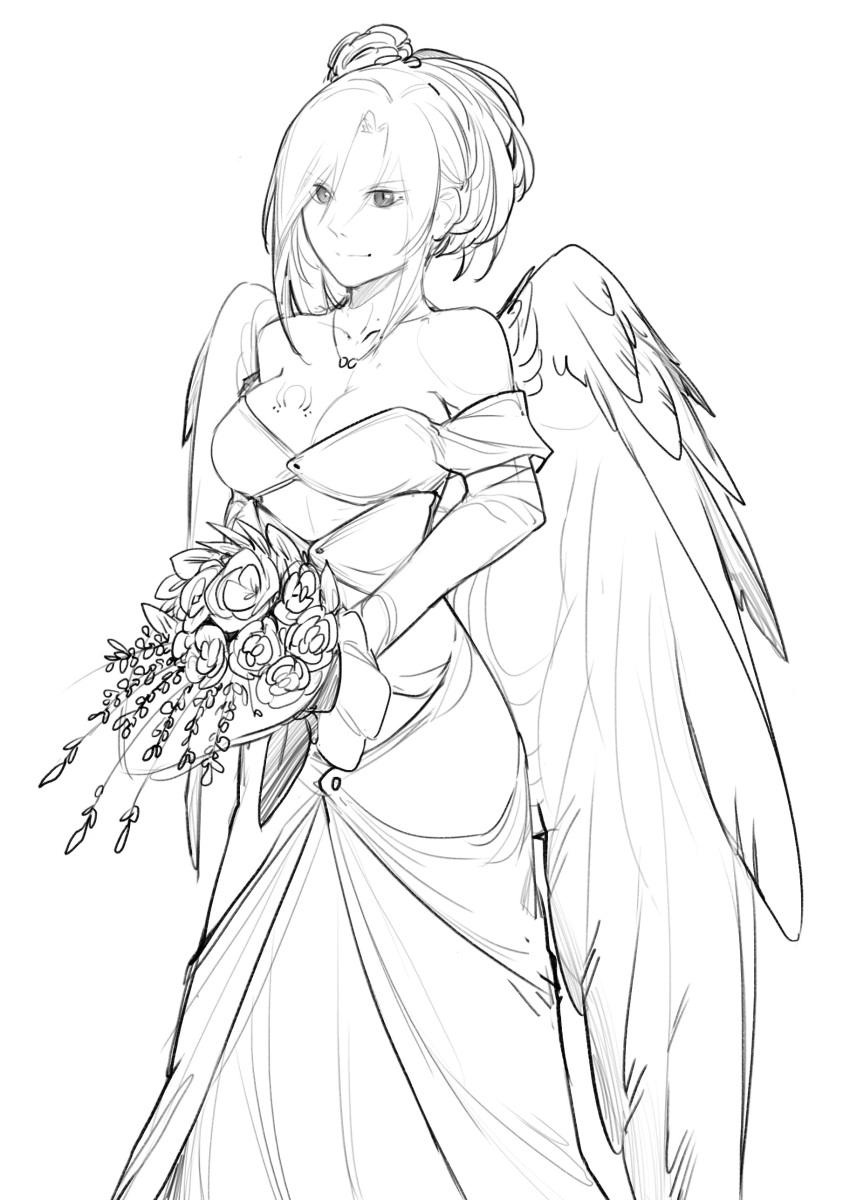 1girl absurdres bouquet breasts closed_mouth dress flower greyscale haohi_(less) highres holding holding_bouquet jewelry large_breasts less long_sleeves monochrome necklace original rose simple_background smile solo standing tattoo wedding_dress white_background wings