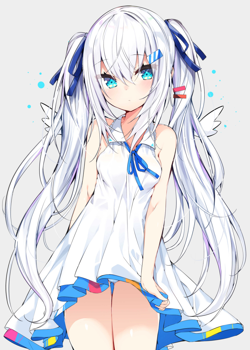 1girl :&lt; absurdres ass_visible_through_thighs bare_shoulders blue_eyes blue_panties blue_ribbon breasts closed_mouth collared_dress commentary_request dress fingernails grey_background hair_ornament hair_ribbon hairclip head_tilt highres kamioka_shun'ya looking_at_viewer mini_wings neck_ribbon original panties ribbon short_dress silver_hair sleeveless sleeveless_dress small_breasts solo twintails underwear white_dress white_wings wings