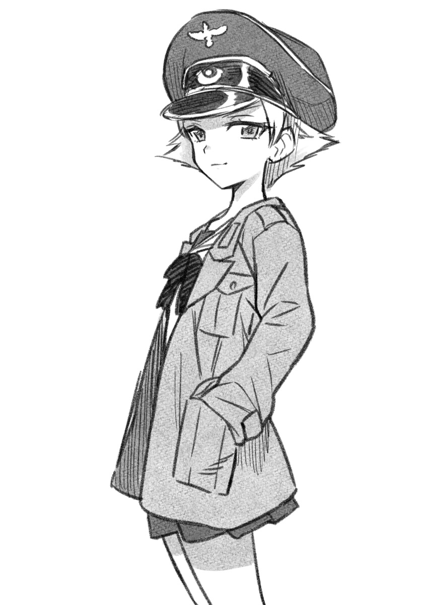 1girl absurdres bow closed_mouth commentary cowboy_shot erwin_(girls_und_panzer) from_side girls_und_panzer greyscale hand_in_pocket hat highres jacket light_smile long_sleeves looking_at_viewer meis_(terameisu) military_hat military_jacket monochrome ooarai_school_uniform open_clothes open_jacket peaked_cap pointy_hair short_hair solo standing traditional_media