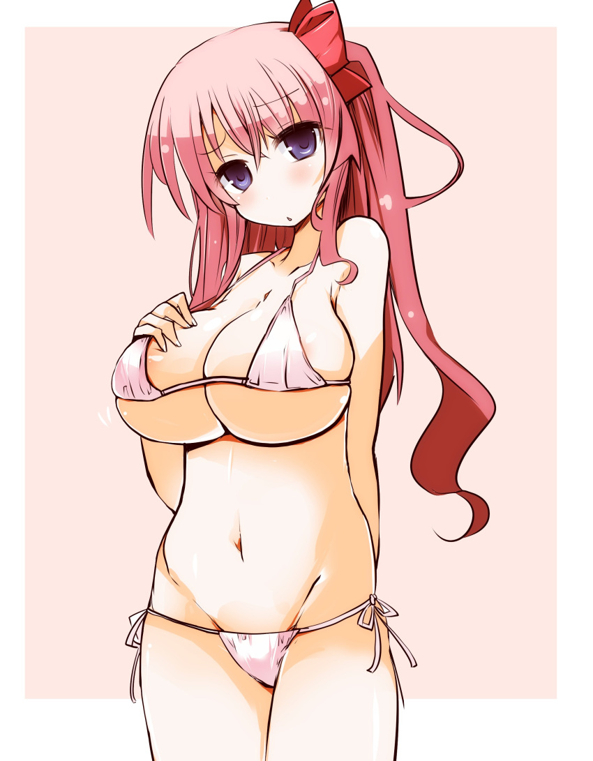 1girl absurdres alternate_hairstyle arm_behind_back bangs bikini blue_eyes blush bow breasts commentary cowboy_shot eyebrows_visible_through_hair frown hair_bow hand_on_own_chest haramura_nodoka head_tilt highres large_breasts long_hair looking_at_viewer micro_bikini navel outside_border parted_bangs pink_background pink_hair red_bow saki shirogane_(platinum) side-tie_bikini side_ponytail simple_background skindentation solo standing swimsuit white_background white_bikini