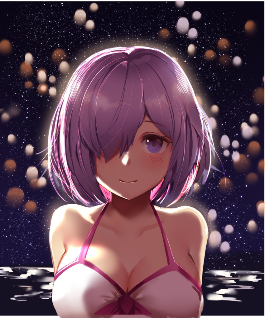 1girl arm_behind_back blush breasts cleavage collarbone eyebrows_visible_through_hair fate/grand_order fate_(series) hair_over_one_eye highres large_breasts looking_at_viewer mash_kyrielight para3318 purple_hair short_hair sideboob sky sleeveless smile solo star_(sky) starry_sky upper_body violet_eyes