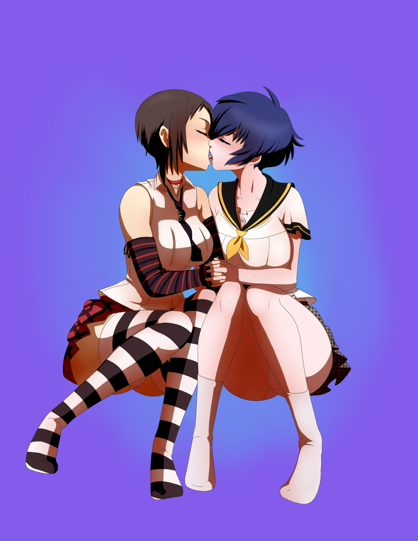 2girls absurdres alternate_costume arm_warmers between_breasts black_hair black_neckwear blue_background blue_hair blush breasts choker closed_eyes french_kiss hand_holding highres interlocked_fingers kiss m-a-v-e-r-i-c-k marie_(persona_4) multiple_girls necktie necktie_between_breasts no_shoes panties pantyshot persona persona_4 plaid plaid_skirt pleated_skirt print_skirt school_uniform serafuku shirogane_naoto shirt short_hair simple_background skirt sleeveless sleeveless_shirt socks striped striped_legwear thigh-highs underwear white_legwear white_shirt yuri