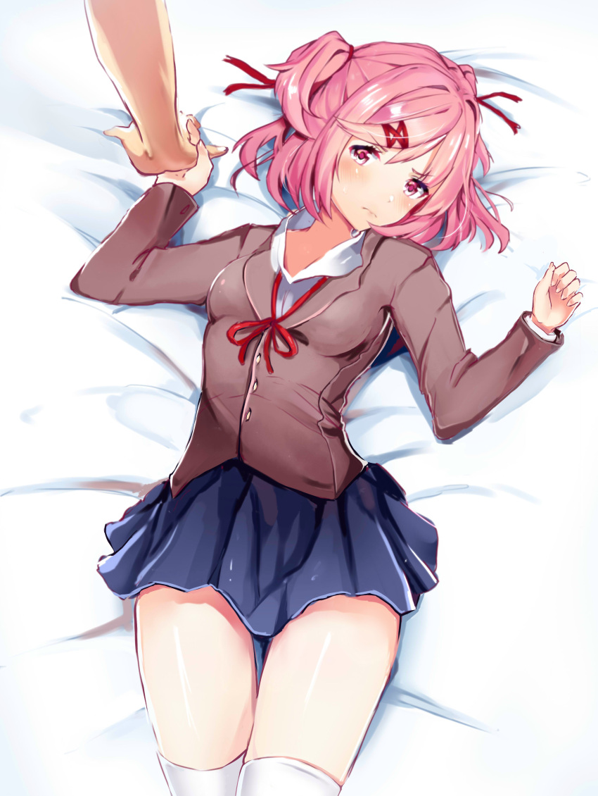 1girl 3: absurdres bed_sheet blue_skirt blush commentary doki_doki_literature_club english_commentary eyebrows_visible_through_hair hair_ornament hairclip hand_holding highres jacket koahri looking_at_viewer lying natsuki_(doki_doki_literature_club) on_back pink_hair pleated_skirt pov pov_hands red_ribbon ribbon school_uniform short_hair skirt solo_focus thigh-highs two_side_up white_legwear