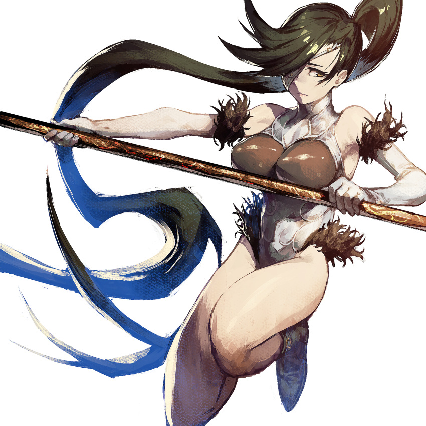 1girl bare_shoulders black_hair blindfold breasts cozy elbow_gloves fur_trim gloves highres holding holding_weapon leg_up leotard long_hair original ponytail simple_background solo very_long_hair weapon white_background white_gloves yellow_eyes