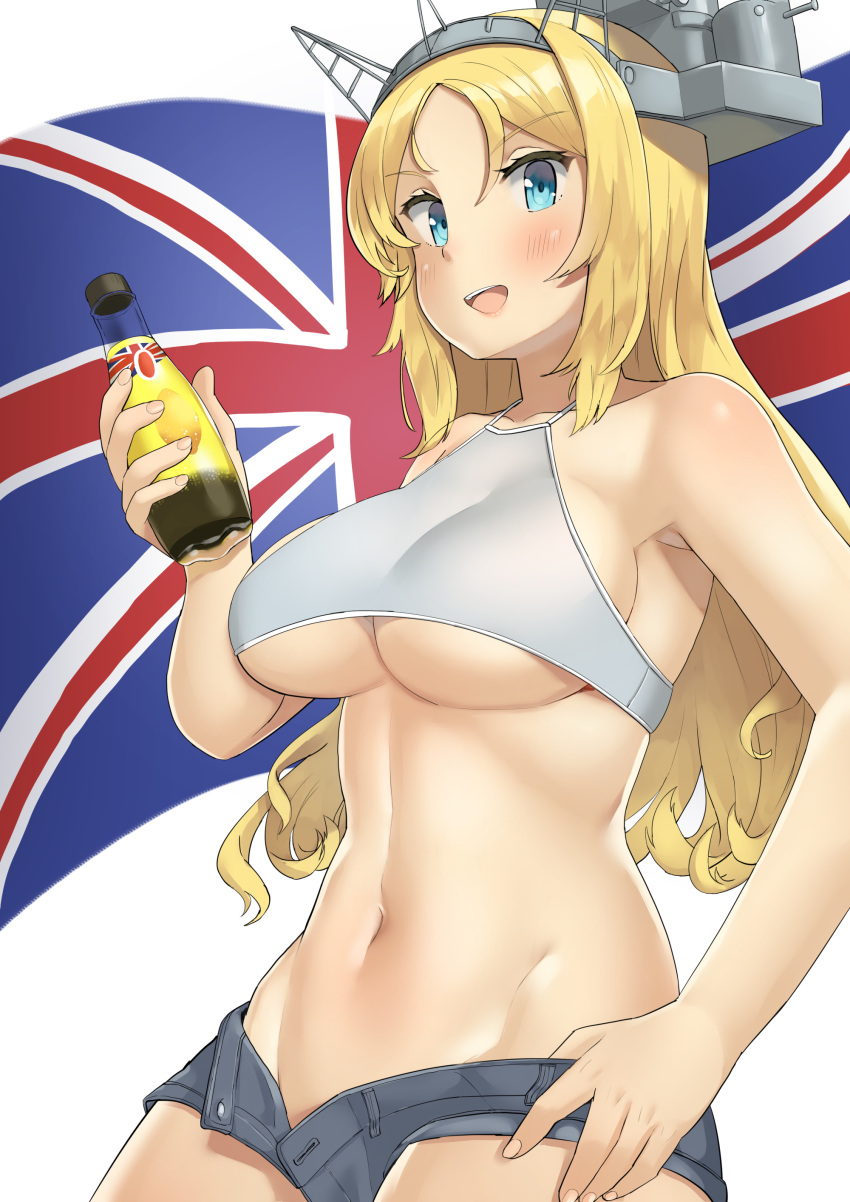 1girl absurdres alternate_costume armpits blonde_hair blue_eyes blush bottle breasts collarbone cowboy_shot eyebrows_visible_through_hair hair_between_eyes headgear highres kantai_collection large_breasts long_hair looking_at_viewer nelson_(kantai_collection) open_fly open_mouth short_shorts shorts sideboob smile solo soushou_nin standing strap_gap under_boob union_jack very_long_hair