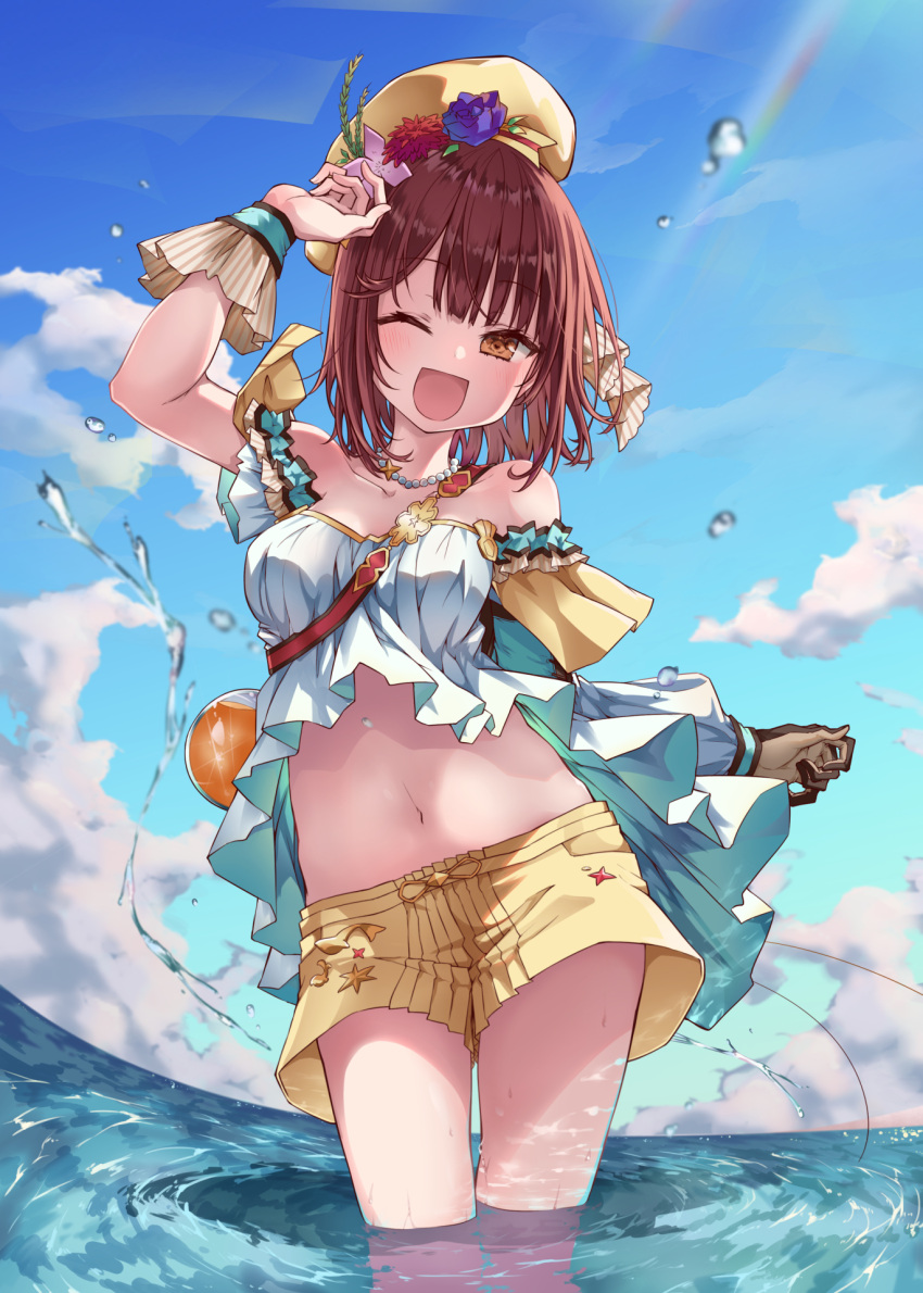 1girl ;d alt asymmetrical_gloves atelier_(series) atelier_sophie blue_sky breasts brown_eyes brown_hair cleavage clouds collarbone day flower from_below gloves hair_flower hair_ornament hat highres jewelry medium_breasts midriff navel necklace one_eye_closed open_mouth outdoors purple_flower red_flower short_hair short_shorts shorts sky smile solo sophie_neuenmuller standing stomach wading wrist_cuffs yellow_hat yellow_shorts