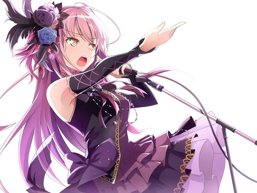 1girl ahoge bang_dream! bangs bare_shoulders blue_flower blue_rose blush breasts brooch detached_sleeves dress earrings eyebrows_visible_through_hair flower gem gen_3_pokemon hair_flower hair_ornament highres holding holding_microphone jewelry long_hair long_sleeves microphone minato_yukina necklace open_mouth outstretched_arms outstretched_hand pink_hair purple_dress purple_flower purple_rose rose roselia shirowa simple_background solo sparkle very_long_hair white_background yellow_eyes