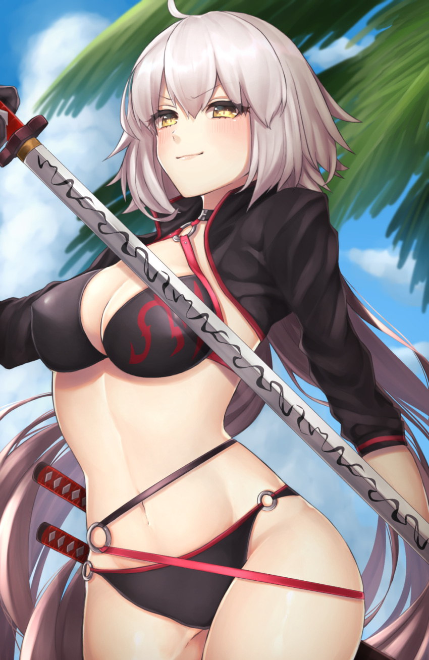 1girl absurdly_long_hair ahoge bikini black_bikini black_gloves blue_sky blush breasts cleavage clouds day erect_nipples eyebrows_visible_through_hair fate/grand_order fate_(series) floating_hair gloves hair_between_eyes highres holding holding_sword holding_weapon jeanne_d'arc_(alter_swimsuit_berserker) jeanne_d'arc_(fate)_(all) katana large_breasts long_hair o-ring o-ring_bikini outdoors palm_tree silver_hair sky smile solo standing swimsuit sword tree twintails very_long_hair weapon yayoimaka03 yellow_eyes