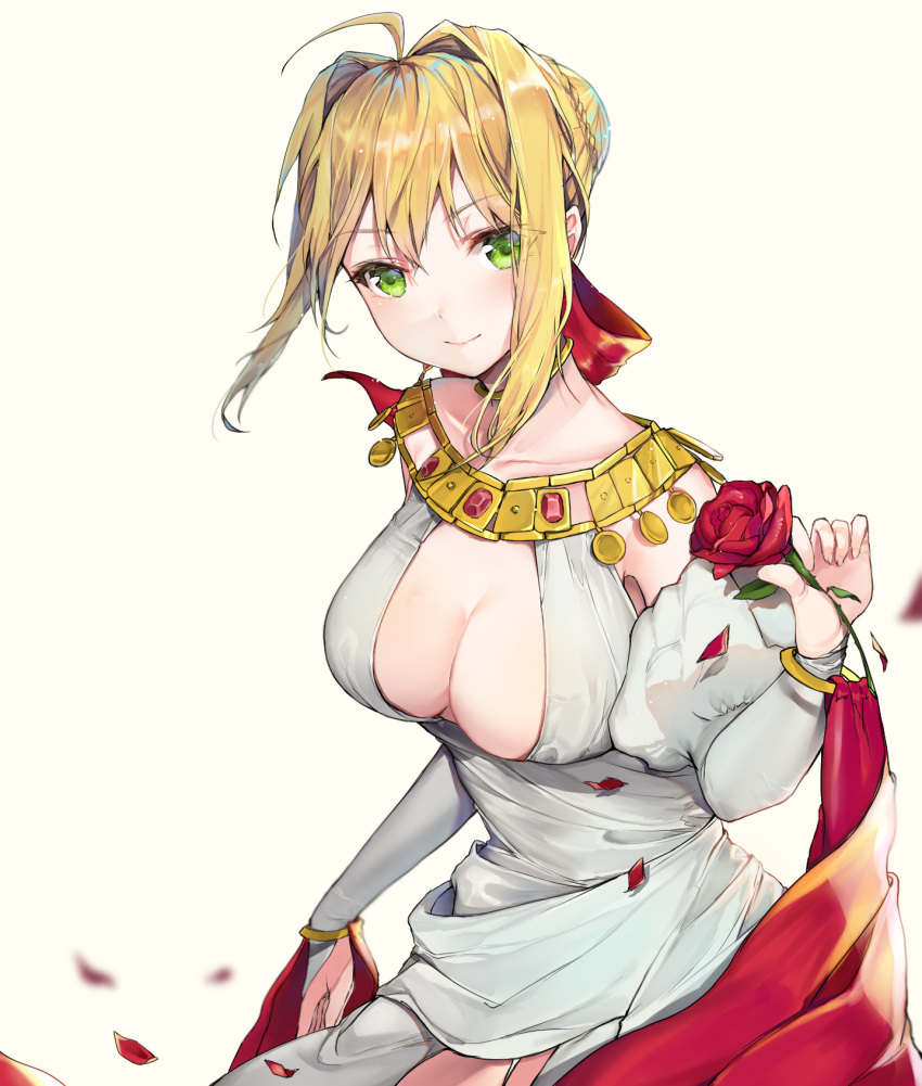 1girl ahoge bangs bare_shoulders blonde_hair blush braid breasts choker cleavage commentary dress fate/grand_order fate_(series) flower french_braid gem gold_trim green_eyes hair_between_eyes hair_ribbon highres holding holding_flower jewelry leaning_forward looking_at_viewer medium_breasts mouth_hold necklace nero_claudius_(fate) nero_claudius_(fate)_(all) petals red_flower red_rose ribbon rose short_hair simple_background smile solo takitou white_background white_dress