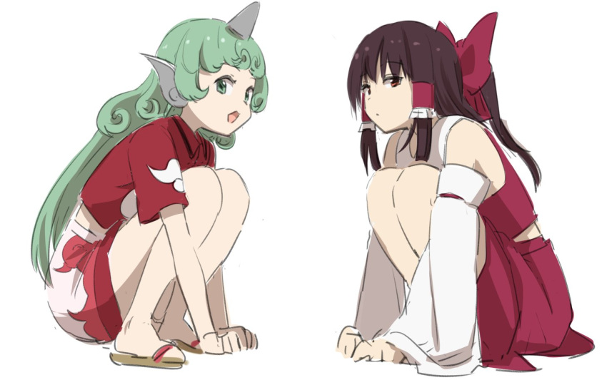 2girls :o bangs bare_shoulders bow brown_eyes brown_hair cloud_print collared_shirt curly_hair detached_sleeves eyebrows_visible_through_hair frilled_hair_tubes frills green_eyes green_hair hair_bow hair_tubes hakurei_reimu horn kariyushi_shirt komano_aun leon_(mikiri_hassha) long_hair looking_at_viewer multiple_girls nontraditional_miko red_bow red_skirt sandals shirt short_sleeves simple_background skirt sleeveless sleeveless_shirt squatting touhou white_background