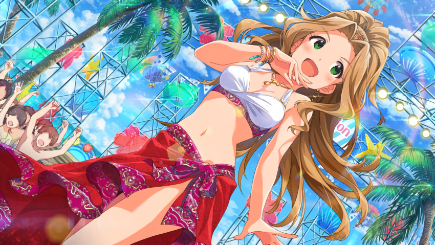 bikini blush brown_hair green_eyes idolmaster idolmaster_million_live! idolmaster_million_live!_theater_days long_hair nikaido_chizuru ponytail smile summer