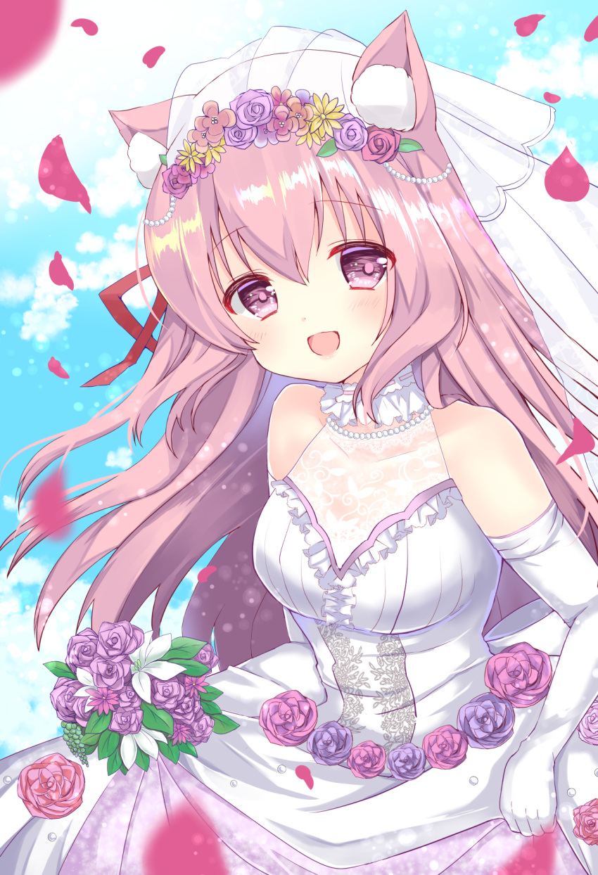 1girl :d animal_ear_fluff animal_ears azur_lane bangs bare_shoulders blue_sky blush breasts bridal_veil brown_flower cat_ears clouds commentary_request day dress elbow_gloves eyebrows_visible_through_hair flower gloves hair_between_eyes hair_flower hair_ornament hamikoron head_tilt highres kisaragi_(azur_lane) looking_at_viewer medium_breasts open_mouth outdoors petals pink_flower pink_hair pink_rose purple_flower rose see-through sky sleeveless sleeveless_dress smile solo veil violet_eyes wedding_dress white_dress white_gloves yellow_flower