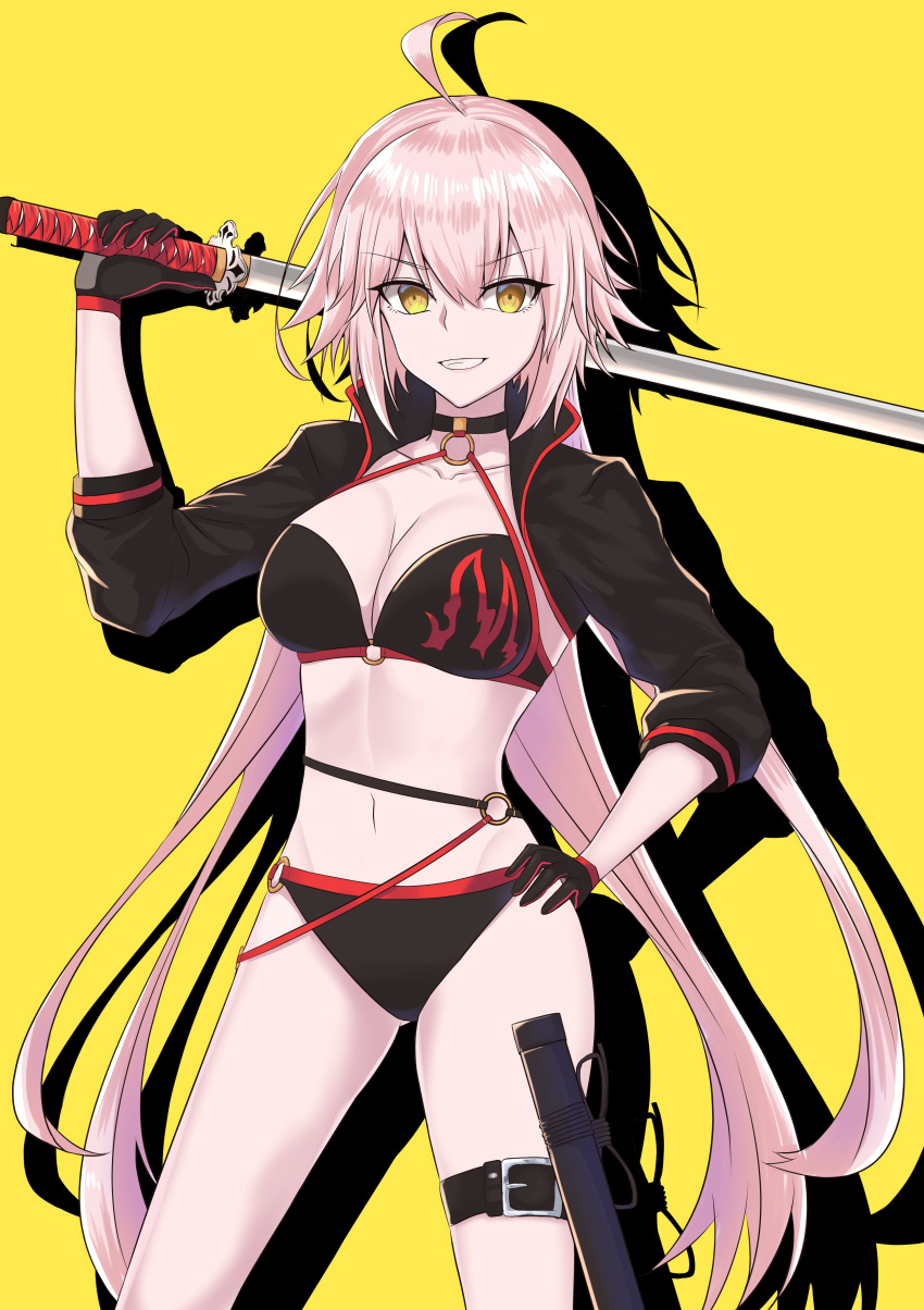 1girl absurdres ahoge bikini black_bikini black_gloves breasts choker cleavage collarbone eyebrows_visible_through_hair fate/grand_order fate_(series) floating_hair gloves grin hair_between_eyes hand_on_hip hayata_(ayasaki_index) highres holding holding_sword holding_weapon jeanne_d'arc_(alter_swimsuit_berserker) jeanne_d'arc_(fate)_(all) katana large_breasts long_hair o-ring print_bikini_top shadow sheath shiny shiny_hair silver_hair simple_background smile solo swimsuit sword thigh_strap very_long_hair weapon yellow_background yellow_eyes