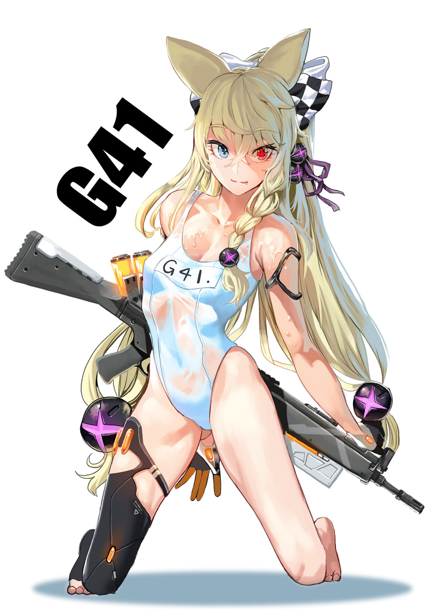 1girl alternate_costume alternate_hairstyle animal_ears arm_strap assault_rifle bangs black_gloves blonde_hair blue_eyes blush braid breasts character_name checkered_ribbon cleavage collarbone covered_navel eyebrows_visible_through_hair fang_out g41_(girls_frontline) girls_frontline gloves groin gun h&amp;k_g41 hair_between_eyes hair_ornament hair_ribbon heterochromia highres holding holding_gun holding_weapon ihobus kneeling long_hair looking_at_viewer low_twintails red_eyes ribbon rifle school_swimsuit side_braid single_thighhigh small_breasts smile solo swimsuit symbol-shaped_pupils thigh-highs twintails very_long_hair weapon wet white_ribbon white_swimsuit