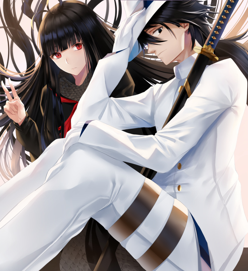 1boy 1girl black_dress black_hair dress fate/grand_order fate_(series) gloves hat highres katana long_hair long_scarf looking_at_viewer military military_uniform naval_uniform nikek96 oryou_(fate) red_eyes sailor_dress sakamoto_ryouma_(fate) scabbard scarf sheath sitting sword uniform v very_long_hair weapon white_gloves white_hat