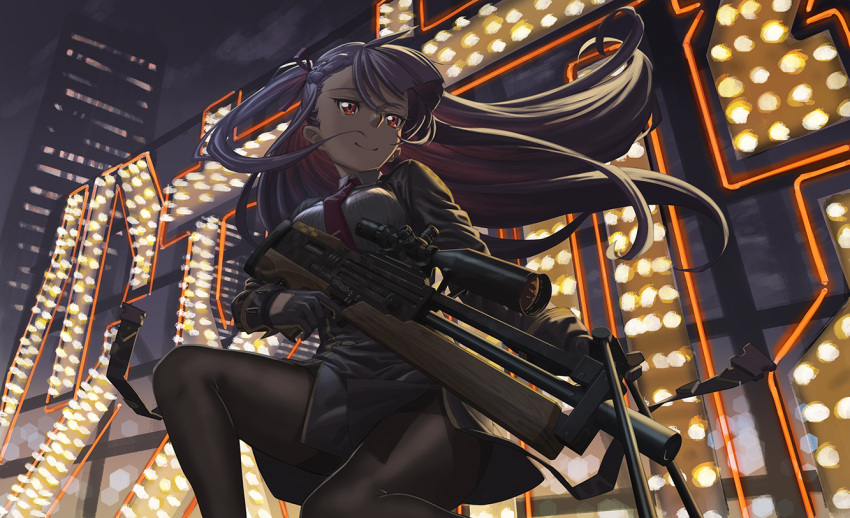 1girl bangs bipod black_legwear black_skirt blazer blush breasts building bullpup city_lights closed_mouth commentary eyebrows_visible_through_hair floating_hair framed_breasts girls_frontline gloves gun hair_ribbon half_updo high-waist_skirt hironii_(hirofactory) holding holding_gun holding_weapon jacket large_breasts long_hair long_sleeves looking_away necktie night one_knee one_side_up outdoors pantyhose pelvic_curtain purple_hair red_eyes red_neckwear ribbon rifle rooftop scope shirt sign skirt smile sniper_rifle solo strap striped striped_shirt very_long_hair wa2000_(girls_frontline) walther walther_wa_2000 weapon white_shirt wind