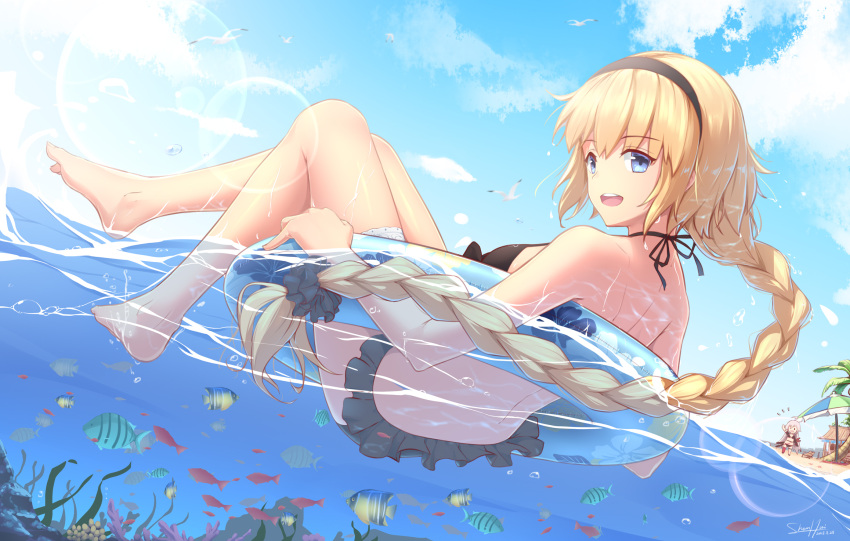 2018 2girls ahoge bangs bare_legs bare_shoulders barefoot beach beach_umbrella bird black_swimsuit blonde_hair blue_eyes braid breasts clouds cloudy_sky dated dutch_angle fate/grand_order fate_(series) fish floral_print from_behind from_below hairband highres in_water jeanne_d'arc_(fate) jeanne_d'arc_(fate)_(all) lens_flare lifebuoy long_hair looking_at_viewer looking_back multiple_girls ocean open_mouth palm_tree shenhai_(2556146833) sideboob signature single_braid sky smile submerged swimsuit teeth tree umbrella very_long_hair wet wet_clothes wet_hair wet_swimsuit