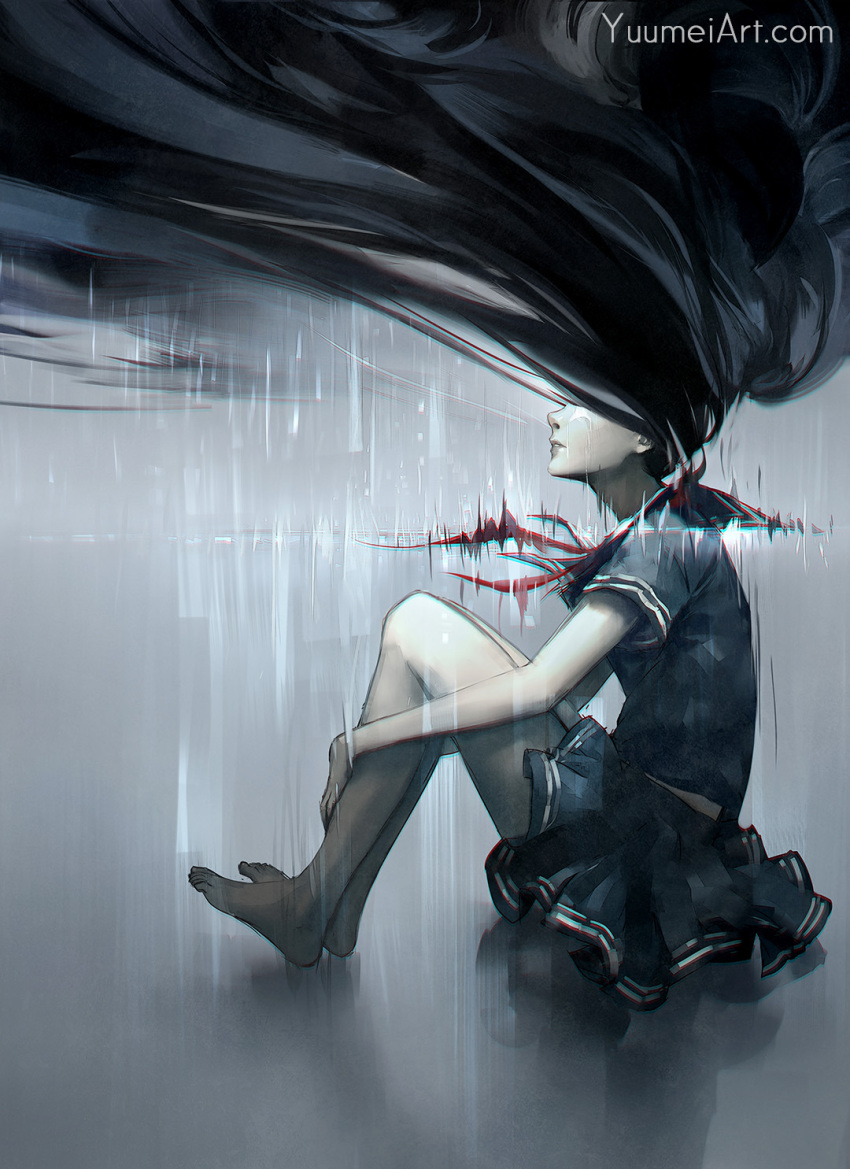 1girl asphyxiation bare_arms barefoot black_hair black_shirt black_skirt commentary drowning english_commentary from_side highres long_hair neckerchief original painting parted_lips pleated_skirt profile red_neckwear school_uniform shirt short_sleeves sitting skirt solo very_long_hair watermark wenqing_yan