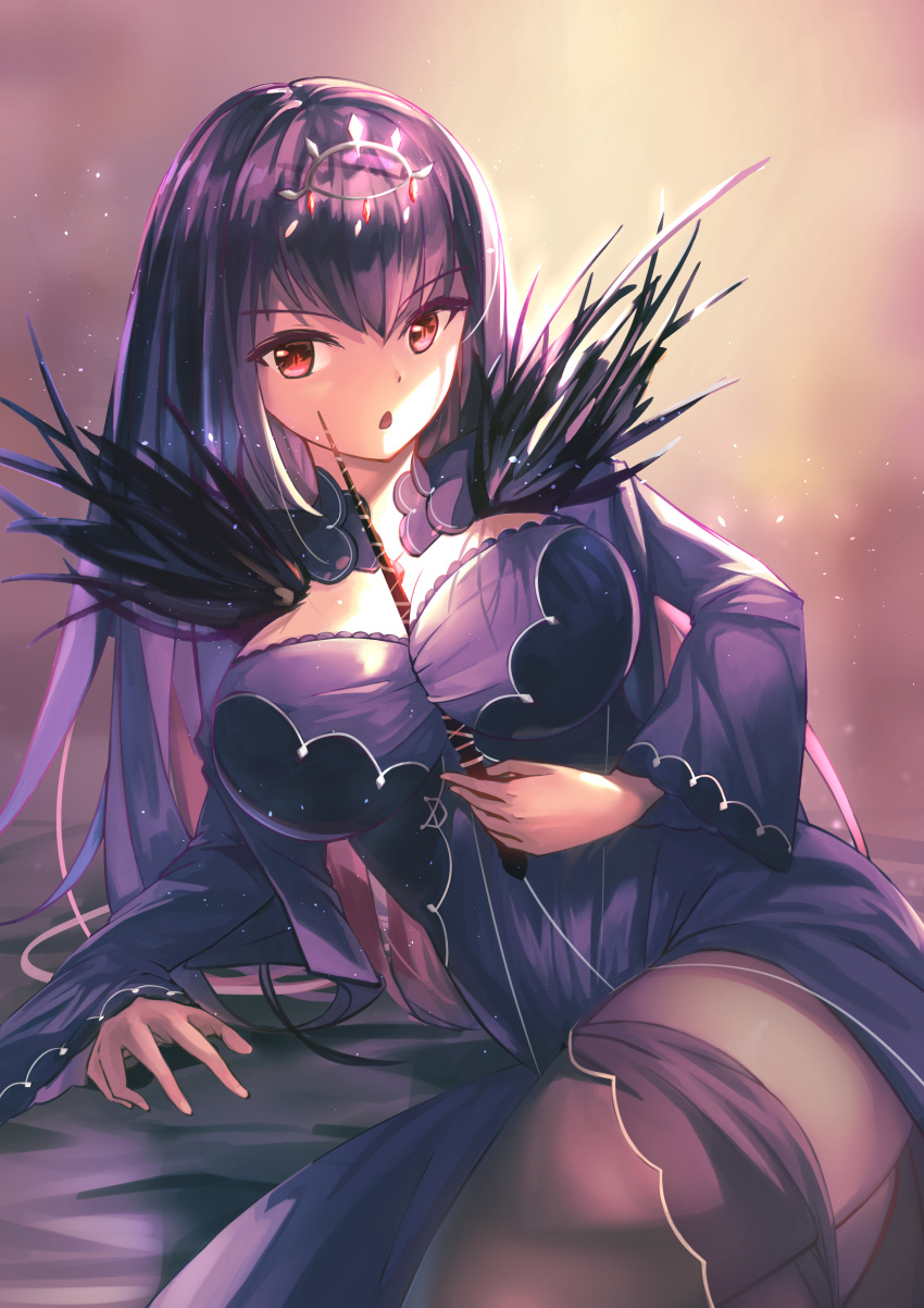 1girl :o absurdres bangs between_breasts breasts cleavage commentary_request dress faicha fate/grand_order fate_(series) fur_trim hair_between_eyes highres large_breasts long_hair looking_at_viewer lying on_side purple_dress purple_hair red_eyes scathach_(fate)_(all) scathach_skadi_(fate/grand_order) silver_trim simple_background solo thigh-highs tiara wand