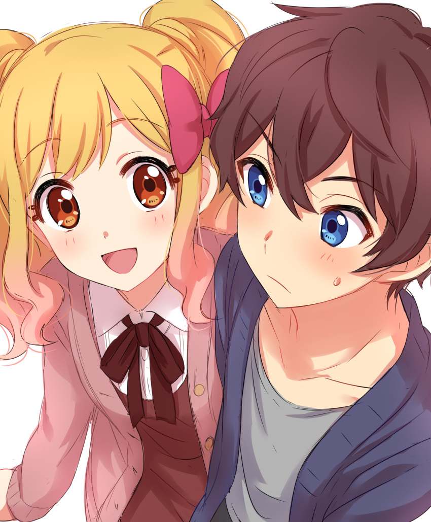 1boy 1girl :d aikatsu!_(series) aikatsu_stars! bangs blonde_hair blue_eyes blue_jacket blush bow brown_dress brown_eyes brown_hair brown_ribbon collared_shirt commentary_request dress embarrassed eyebrows_visible_through_hair gradient_hair grey_shirt hair_between_eyes hair_bow happy highres jacket long_hair long_sleeves looking_at_another multicolored_hair neck_ribbon nijino_yume open_mouth pants pink_bow pink_hair pink_jacket ribbon sekina shirt simple_background smile sweatdrop twintails white_background white_shirt yuuki_subaru