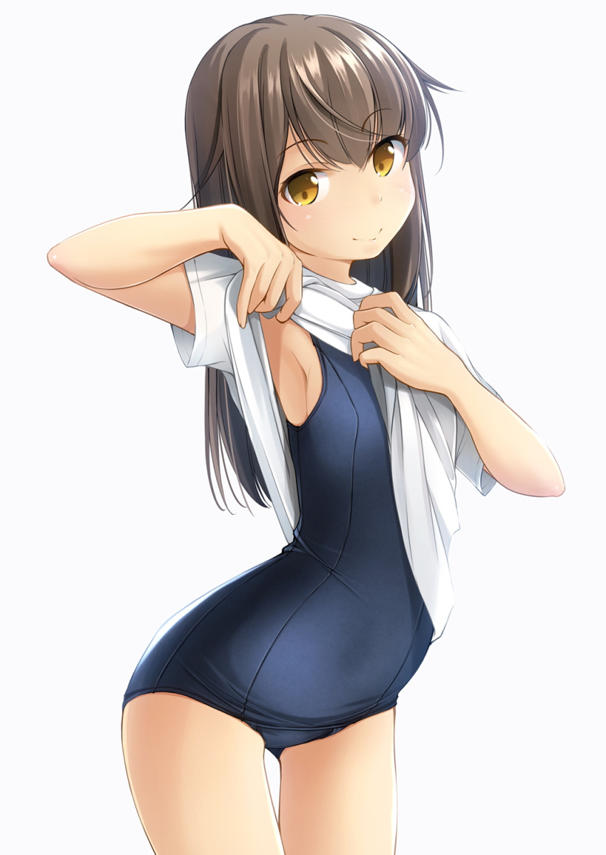 1girl armpits blue_swimsuit blush brown_eyes brown_hair closed_mouth commentary_request head_tilt highres lifted_by_self long_hair looking_at_viewer looking_to_the_side nose_blush old_school_swimsuit one-piece_swimsuit original school_swimsuit shibacha shirt shirt_lift short_sleeves simple_background smile solo standing swimsuit thighs white_background white_shirt