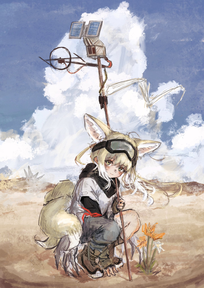 1girl ahoge animal_ear_fluff animal_ears arknights black_scarf blonde_hair brown_footwear closed_mouth colored_tips flower fox_ears fox_girl fox_tail full_body goggles goggles_on_head green_eyes hair_tubes highres holding holding_staff long_hair looking_at_viewer mashiro_(mashilolicon) multicolored_hair official_alternate_costume outdoors scarf smile solo squatting staff suzuran_(arknights) suzuran_(lostlands_flowering)_(arknights) tail two-tone_hair white_hair