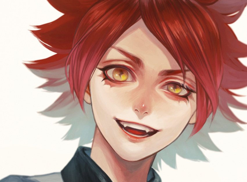 1boy :d bangs commentary_request copyright_request fangs looking_at_viewer male_focus murasaki_(fioletovyy) open_mouth portrait red_lips redhead smile solo spiky_hair symbol-shaped_pupils white_background yellow_eyes