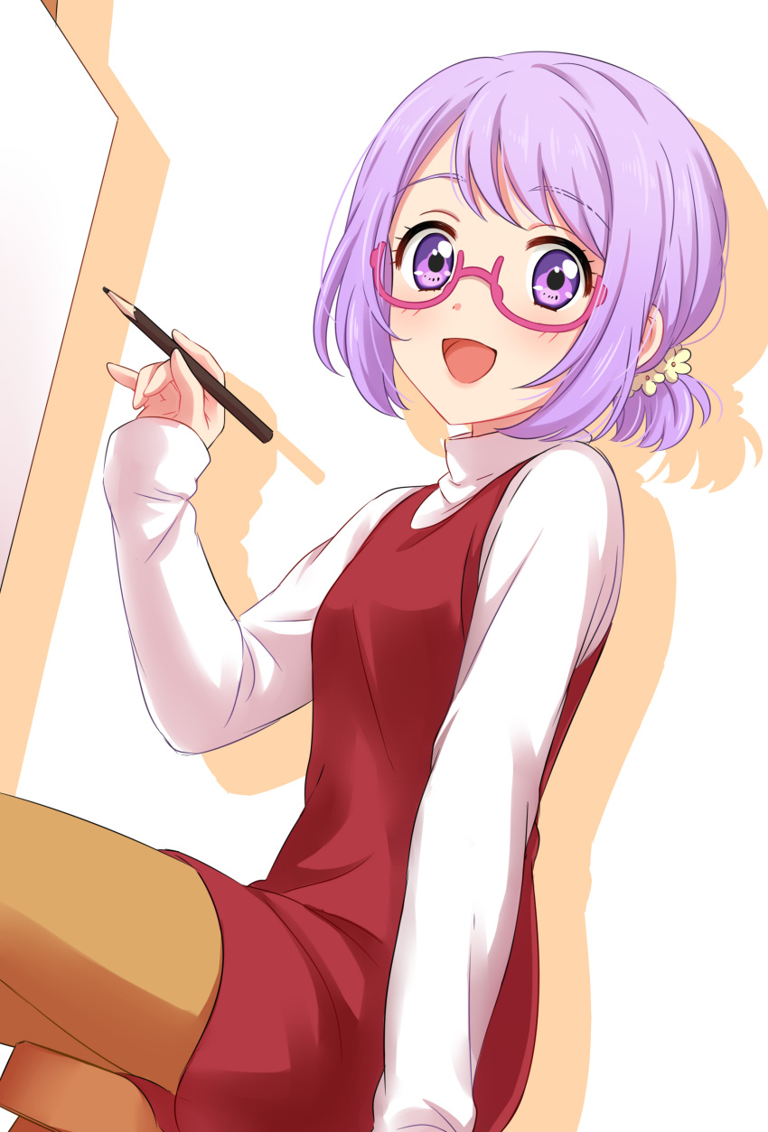 1girl :d absurdres aikatsu!_(series) aikatsu_stars! bangs blush drawing dress dutch_angle eyebrows_visible_through_hair from_side glasses hand_up highres holding holding_pencil lavender_hair long_sleeves looking_at_viewer looking_to_the_side nanakura_koharu open_mouth orange_legwear pantyhose pencil pink-framed_eyewear ponytail red_dress sekina semi-rimless_eyewear shirt sidelocks sitting smile solo stool thighs under-rim_eyewear violet_eyes white_shirt