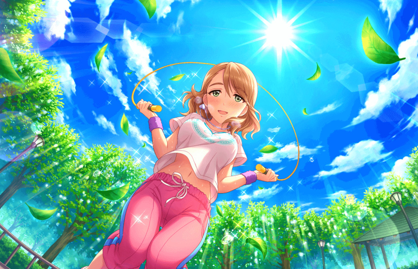 1girl artist_request blue_sky blush bouncing_breasts breasts brown_hair bush clouds collarbone day eyebrows_visible_through_hair from_below green_eyes idolmaster idolmaster_cinderella_girls idolmaster_cinderella_girls_starlight_stage jewelry jump_rope jumping lamppost leaf long_hair looking_at_viewer medium_breasts midriff navel necklace official_art open_mouth outdoors pants park pink_pants sky smile solo sunlight sweatdrop sweatpants tree w_arms wristband yanagi_kiyora