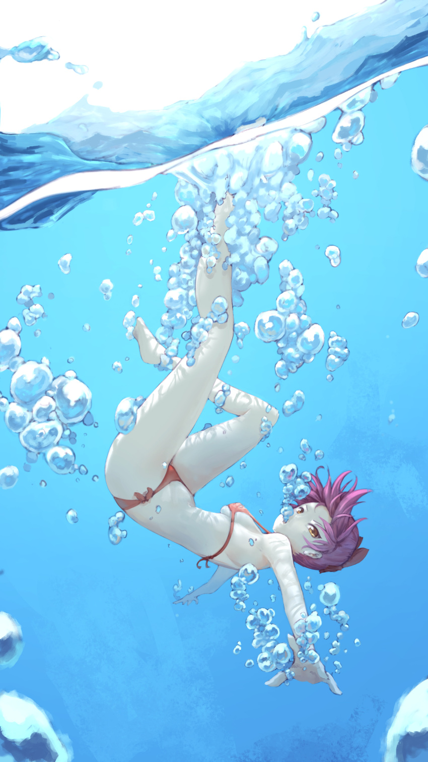 1girl absurdres barefoot bikini bow breasts bubble full_body gegege_no_kitarou hair_bow highres looking_at_viewer nekomusume orange_eyes outstretched_arms purple_hair red_bikini rou_(rou22) short_hair side-tie_bikini small_breasts smile solo swimsuit under_boob underwater