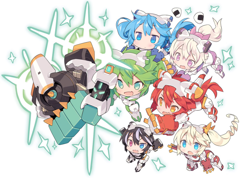 6+girls aqua_eyes armor black_hair blade_(galaxist) blonde_hair blue_eyes blue_hair blush busou_shinki clenched_hand eyebrows_visible_through_hair fang floating_hair food gloves green_hair headgear heterochromia high_ponytail long_hair multicolored_hair multiple_girls official_art open_mouth outstretched_arm pink_eyes red_eyes redhead short_hair side_ponytail simple_background sushi twintails two-tone_hair white_background white_hair yellow_eyes