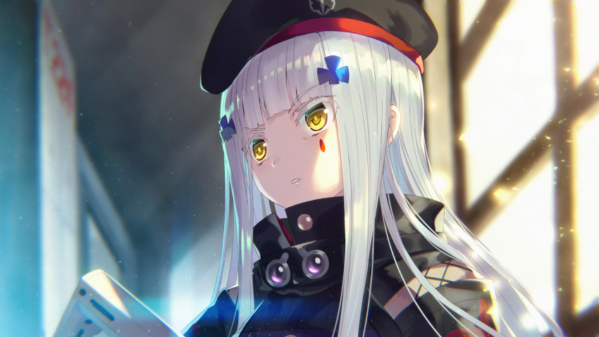 1girl bangs beret black_hat black_jacket blunt_bangs blurry blurry_background commentary_request day depth_of_field eyebrows_visible_through_hair facial_mark girls_frontline hair_ornament hat high_collar hk416_(girls_frontline) indoors jacket kaina_(tsubasakuronikuru) long_hair looking_away parted_lips silver_hair solo sunlight v-shaped_eyebrows window yellow_eyes