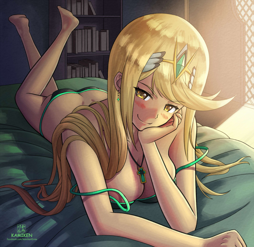 1girl ass bangs barefoot bed bedroom bikini blonde_hair book bookshelf breasts butt_crack cleavage earrings feet green_bikini hand_on_own_cheek highres mythra_(xenoblade) indoors jewelry kami_mitsugu_(kamiken) large_breasts long_hair looking_at_viewer lying multicolored multicolored_bikini multicolored_clothes necklace on_bed on_stomach smile solo strap_slip swept_bangs swimsuit tiara xenoblade_(series) xenoblade_2