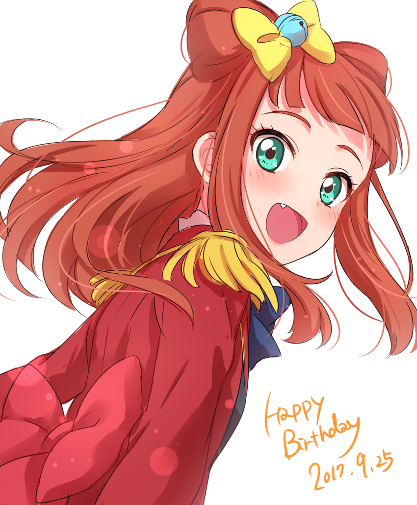 1girl :d aikatsu!_(series) aikatsu_stars! aqua_eyes bangs bell blunt_bangs bow commentary_request dated epaulettes fang from_behind hair_bell hair_bow hair_ornament happy_birthday highres jacket jingle_bell lips long_hair long_sleeves looking_at_viewer looking_back open_mouth red_jacket red_ribbon redhead ribbon s4_uniform saotome_ako sekina simple_background smile solo white_background yellow_bow