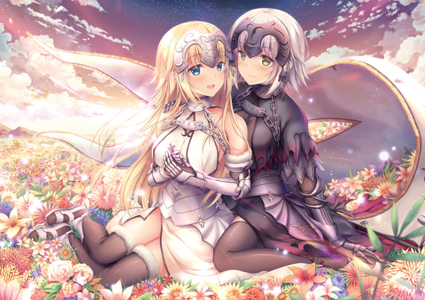 2girls :d armor armored_dress black_dress black_legwear blonde_hair blue_eyes blue_flower blush breasts brown_eyes chains closed_mouth clouds commentary_request dress fate/grand_order fate_(series) field flower flower_field fur-trimmed_legwear fur_trim gauntlets hands_up headpiece jeanne_d'arc_(fate) jeanne_d'arc_(fate)_(all) large_breasts long_hair multiple_girls open_mouth outdoors red_flower rose short_hair silver_hair sitting sky smile thigh-highs very_long_hair wariza white_dress white_flower white_rose yellow_flower yokozuwari yuriko