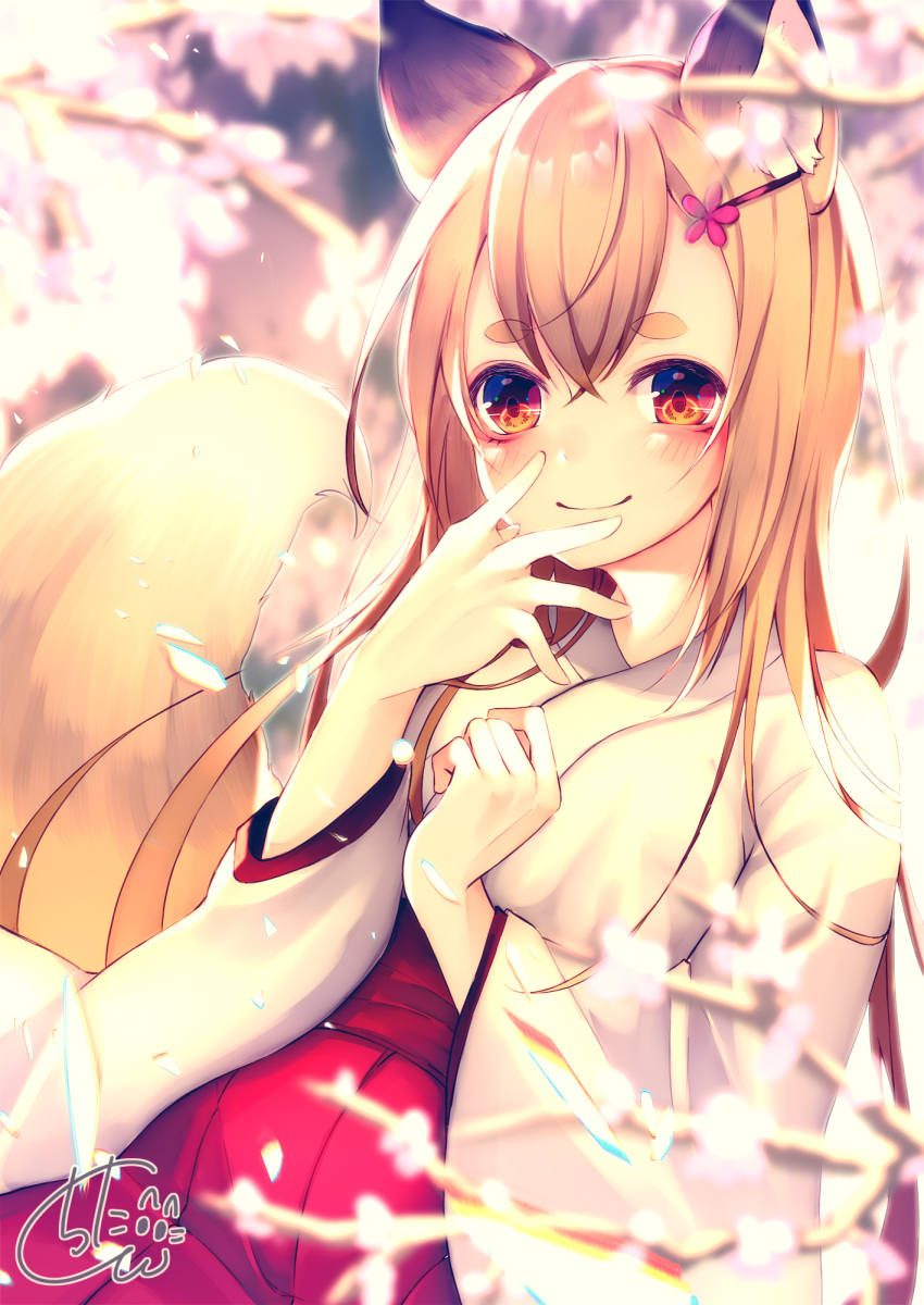 1girl animal_ears bangs blurry blurry_foreground blush chita_(ketchup) closed_mouth commentary_request depth_of_field eyebrows_visible_through_hair flower fox_ears fox_girl hair_between_eyes hair_flower hair_ornament hairclip hakama hands_up highres japanese_clothes kimono light_brown_hair long_hair long_sleeves original petals red_eyes red_flower red_hakama signature smile solo tail_raised thick_eyebrows tree_branch very_long_hair white_kimono wide_sleeves