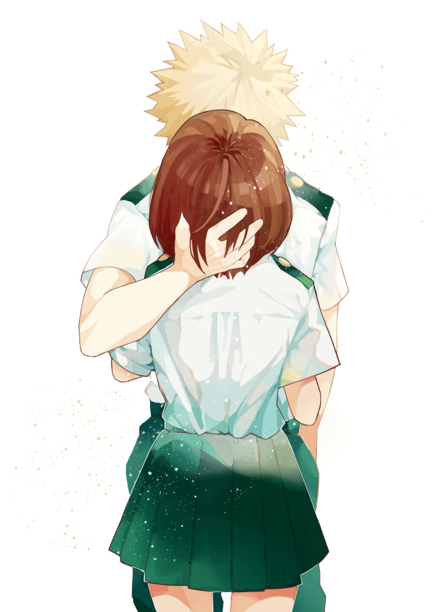 1boy 1girl bakugou_katsuki blonde_hair boku_no_hero_academia brown_hair couple hand_in_pocket hetero highres implied_kiss school_uniform short_hair skirt souka0428 spiky_hair u.a._school_uniform uraraka_ochako