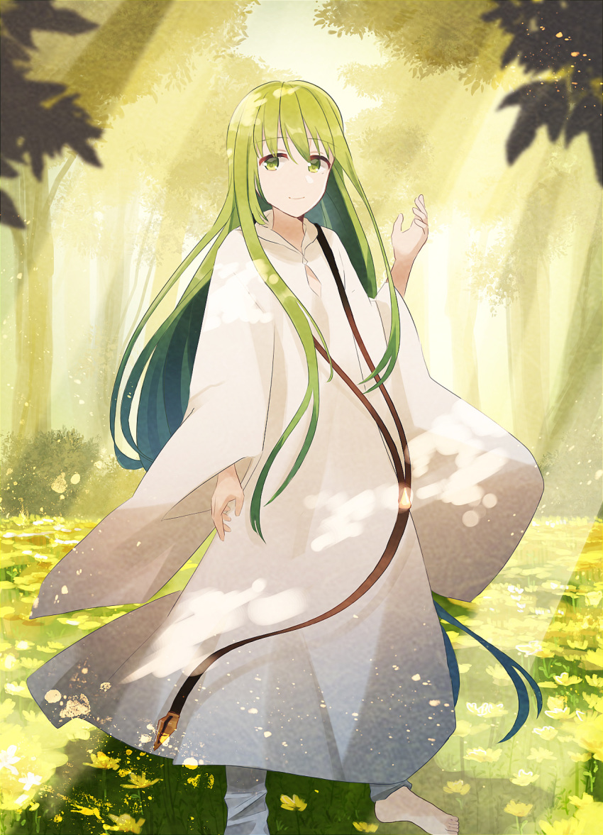 1other androgynous bangs barefoot blurry blurry_foreground chihuri closed_mouth commentary_request dappled_sunlight day depth_of_field enkidu_(fate/strange_fake) eyebrows_visible_through_hair fate/strange_fake fate_(series) field flower flower_field forest green_eyes green_hair hair_between_eyes hand_up highres long_hair long_sleeves looking_at_viewer nature outdoors robe smile solo standing sunlight very_long_hair white_robe wide_sleeves yellow_flower