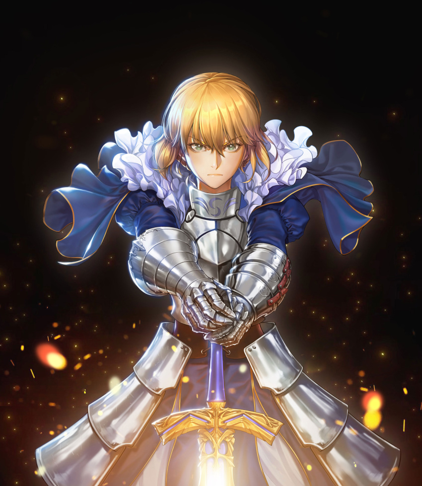 1girl absurdres adapted_costume armor armored_dress artoria_pendragon_(all) bangs black_background blonde_hair blue_dress braid breastplate buckle closed_mouth dress excalibur eyebrows_visible_through_hair fate/stay_night fate_(series) faulds floating_hair foreshortening french_braid gauntlets glowing glowing_sword glowing_weapon green_eyes hair_between_eyes hands_on_hilt highres joe_(j_studio) juliet_sleeves light_particles long_sleeves looking_at_viewer outstretched_arms puffy_sleeves saber serious shiny shiny_hair short_hair solo sparks standing v-shaped_eyebrows weapon wind