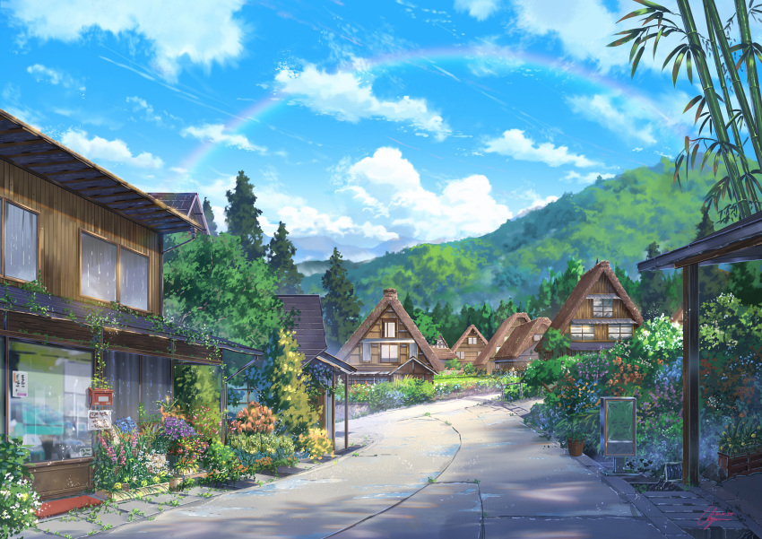 blue_sky clouds cloudy_sky commentary_request day flower forest grass highres hill house nature niko_p no_humans original outdoors plant potted_plant purple_flower rainbow road scenery shop sky street tree